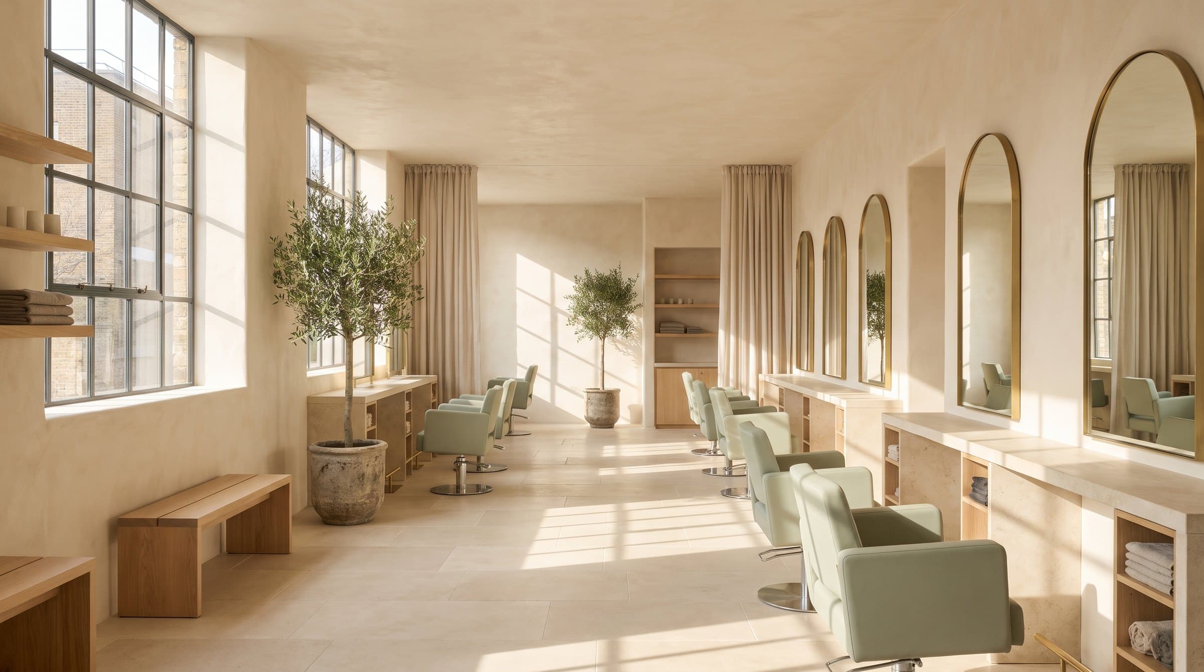 A long, sunlit salon with limewashed walls, arched brass mirrors, sage-green chairs and olive trees.