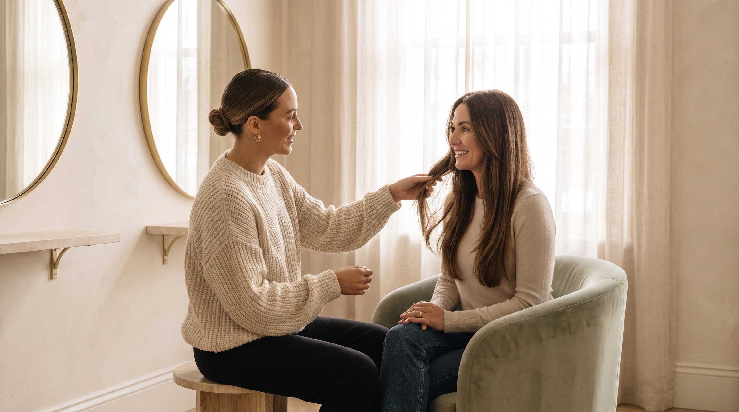 A stylist and client smiling during a consultation, the stylist holding the ends of her long hair.