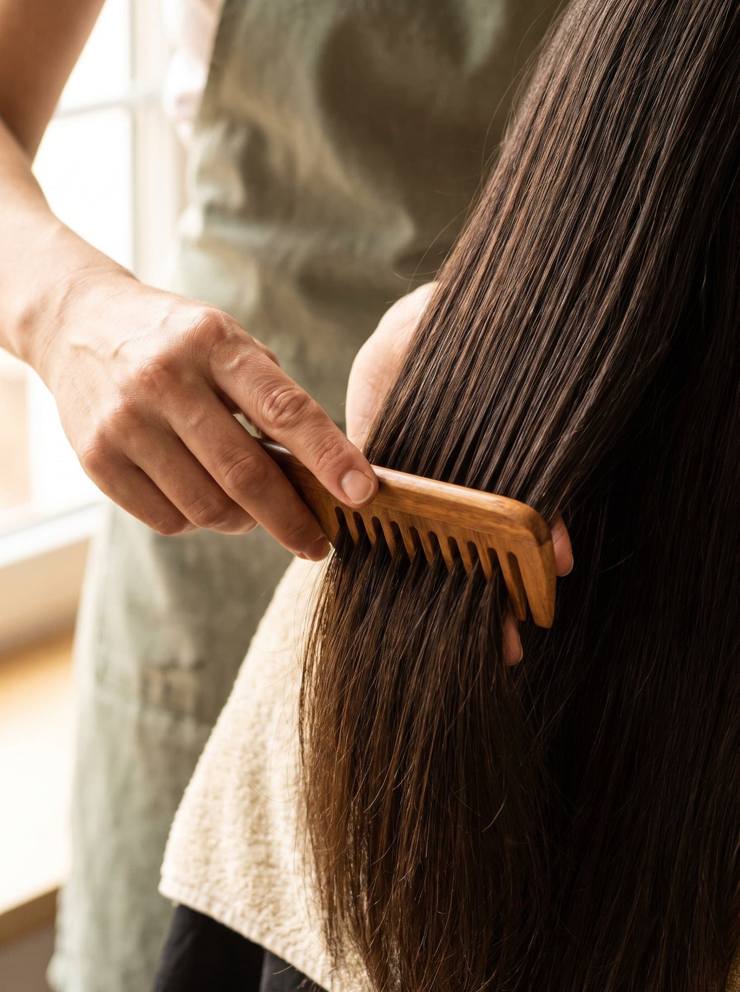 A stylist's hands combing long, glossy dark hair with a wooden comb.