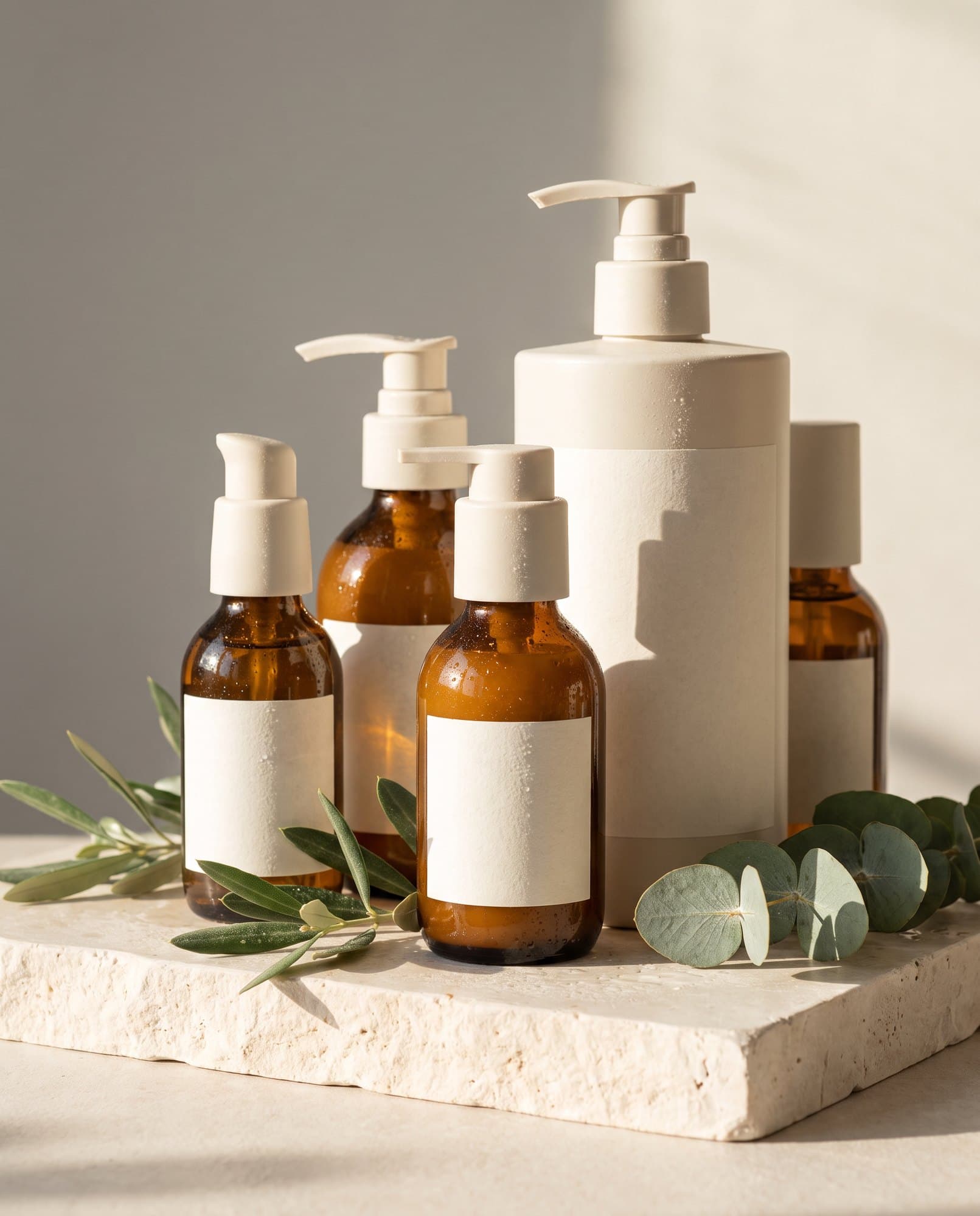 Unbranded amber and ivory haircare bottles on limestone with olive and eucalyptus leaves.