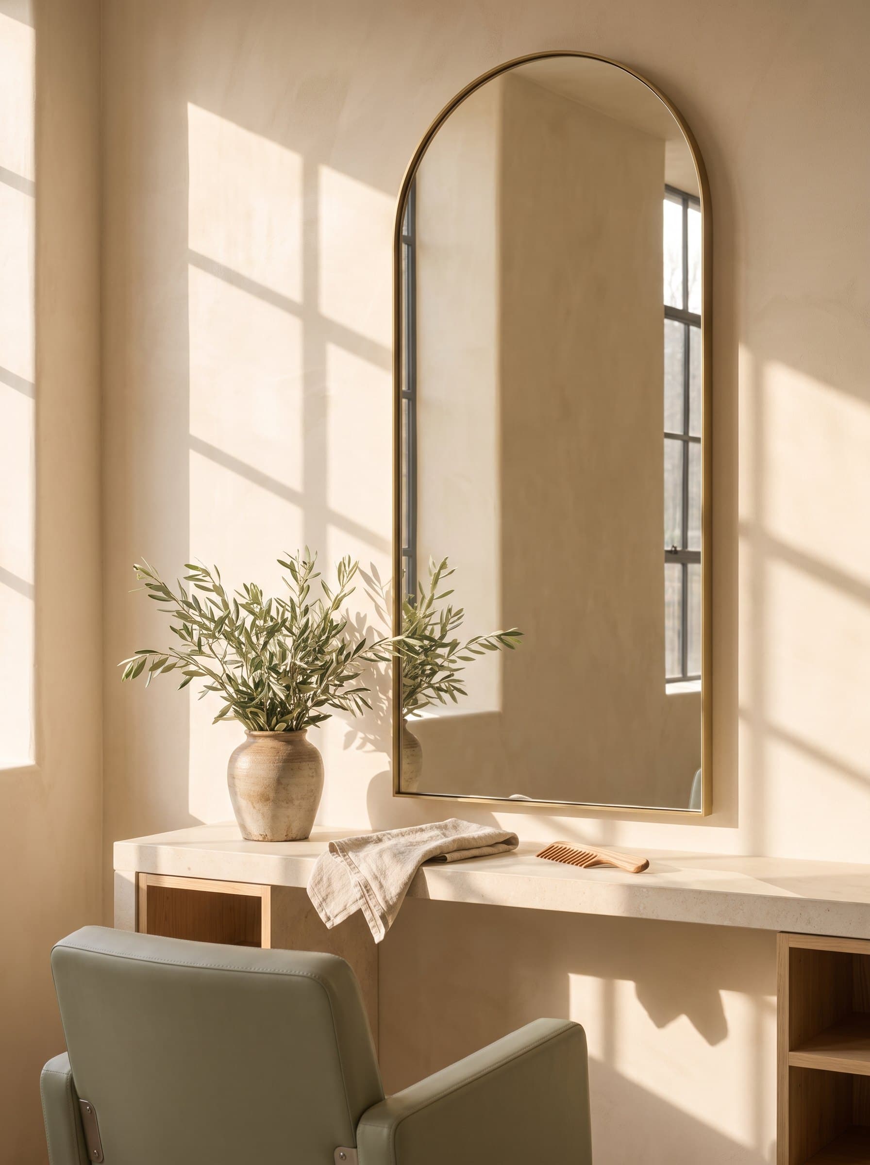 A styling station with an arched brass mirror, limestone counter and olive branches in morning light.