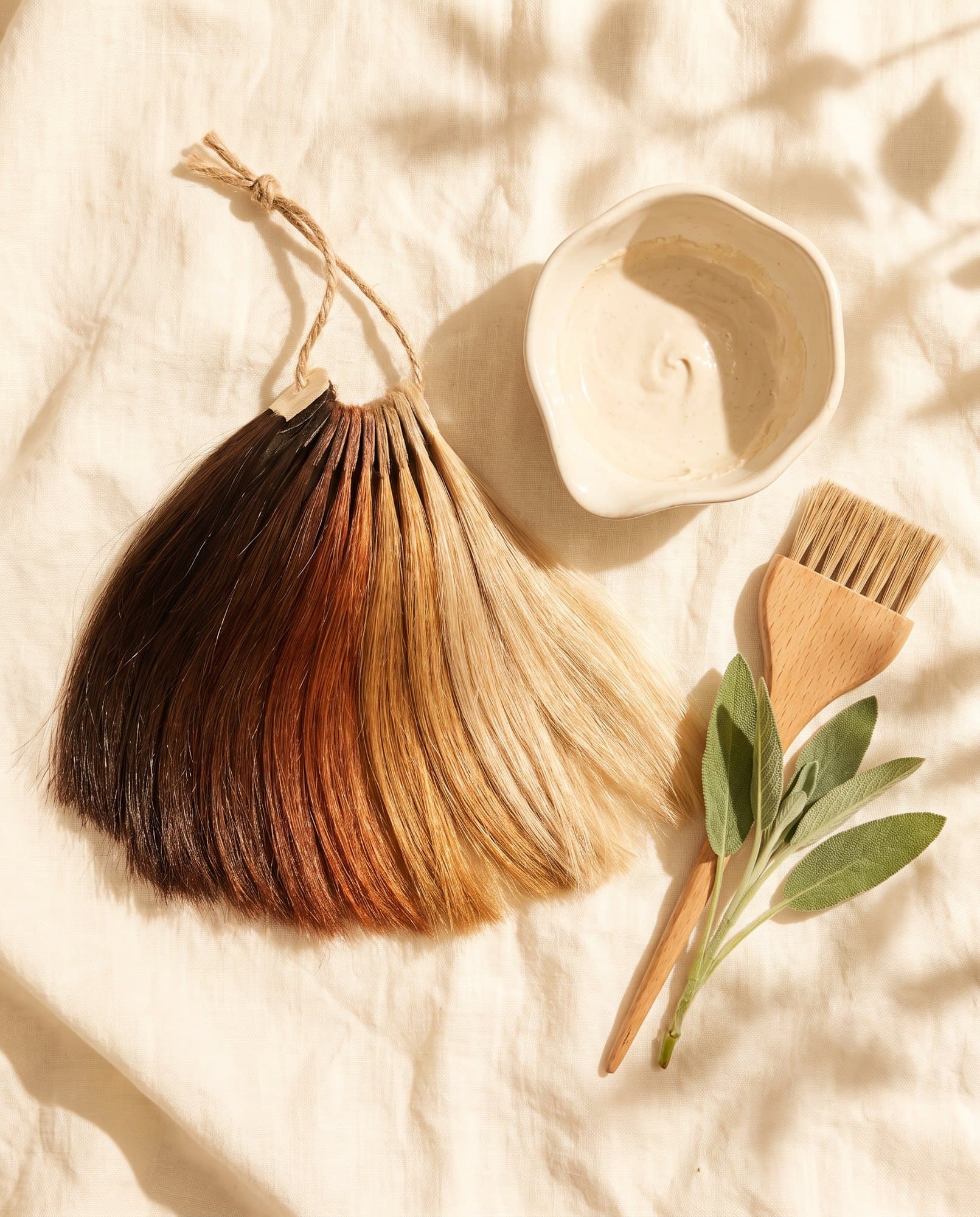 Hair colour swatches from espresso to champagne blonde beside a tinting brush and sage leaves.